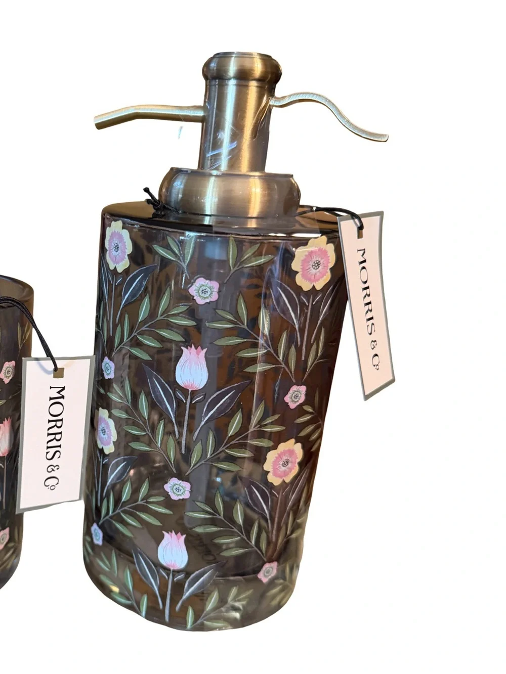 Morris & Co. NWT Woodland Weeds Floral Glass Soap Dispenser & Tumbler Set
